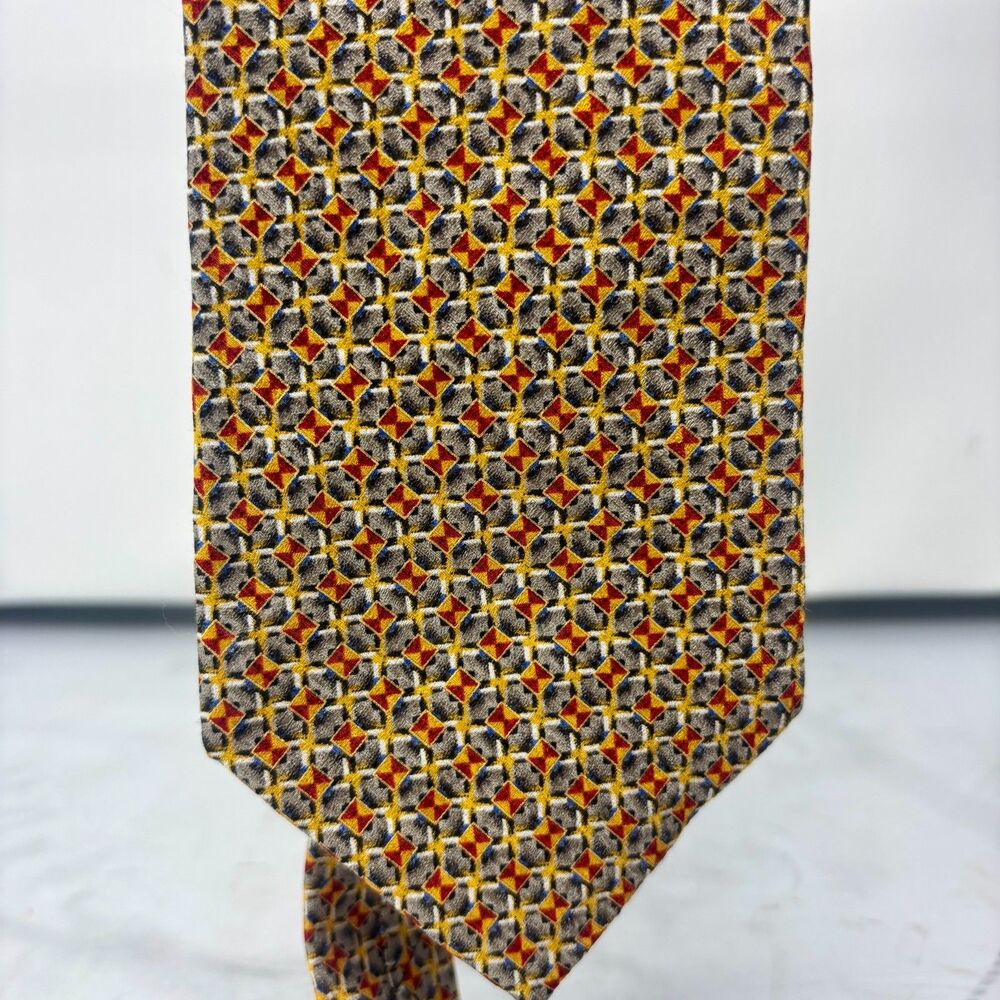 Prima Italy Mens Silk Necktie Gold Red Yellow Geometric Crest Hand Sewn USA